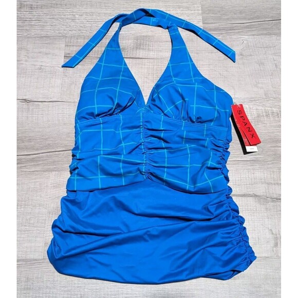 NWT Spanx Ruched Halter Tankini Top Size 12 Blue Swim - Picture 1 of 11